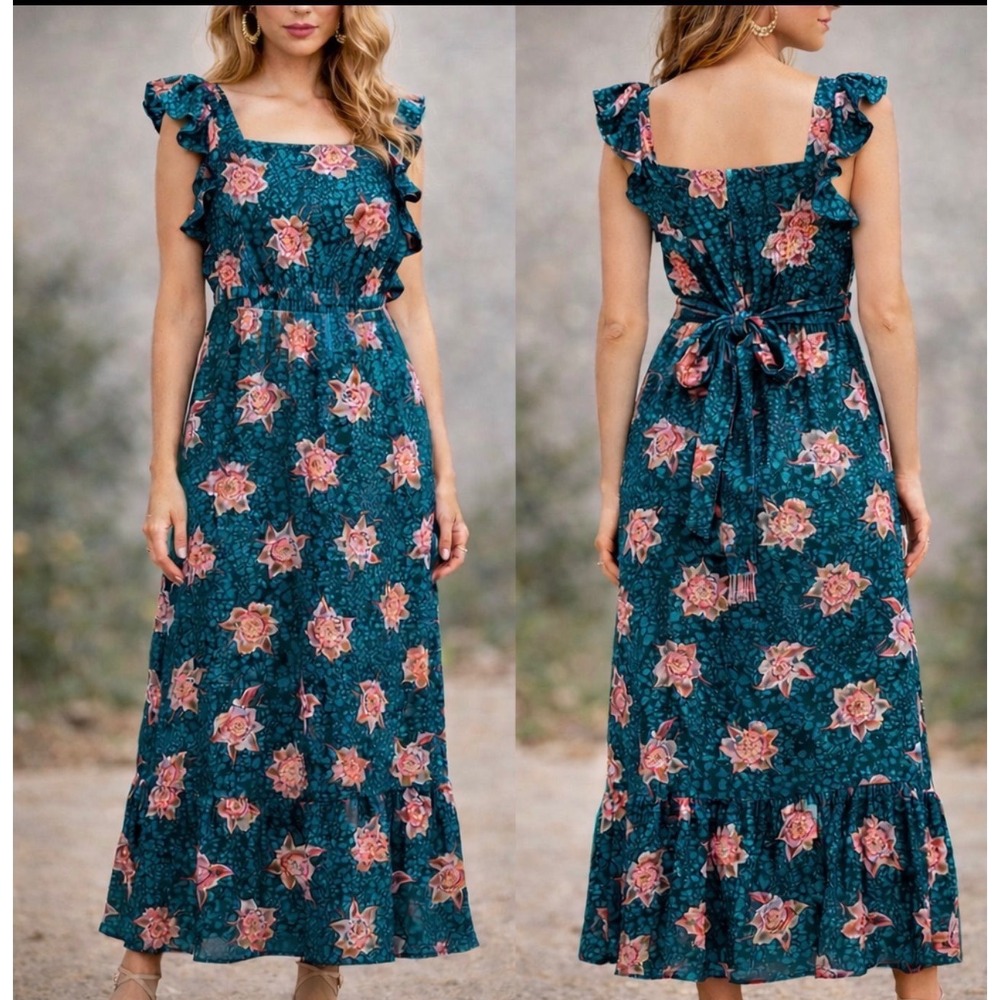 Spirit of Grace Teal Pink‎ Floral Ruffle Maxi Dress Square Back &Tie Romantic S